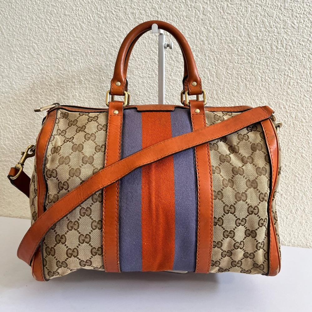 Gucci Beige Monogram Shoulder Bag with Orange and Purple Stripes
